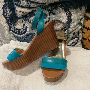 Blue leather strapped wedges
